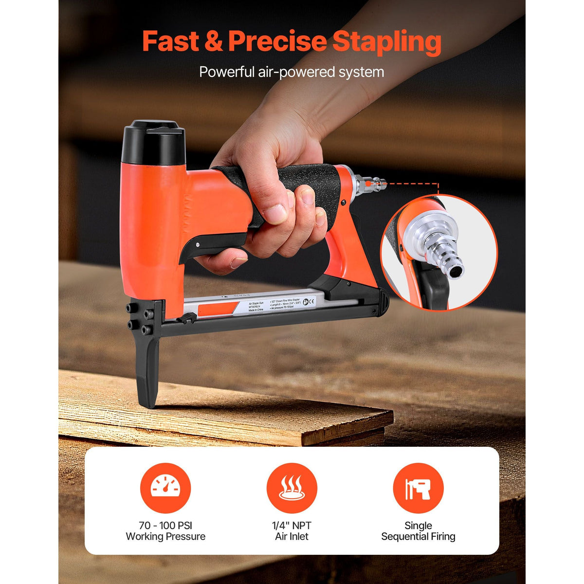 Pneumatic Staple Gun, 21 Gauge Long-Nose Upholstery Stapler for 80 Series Fine Wire Staples 1/2-inch Crown 1/4"-5/8" Length, Max 150PCS Loading Air Staple Gun for Upholstering, Woodworking, DIY