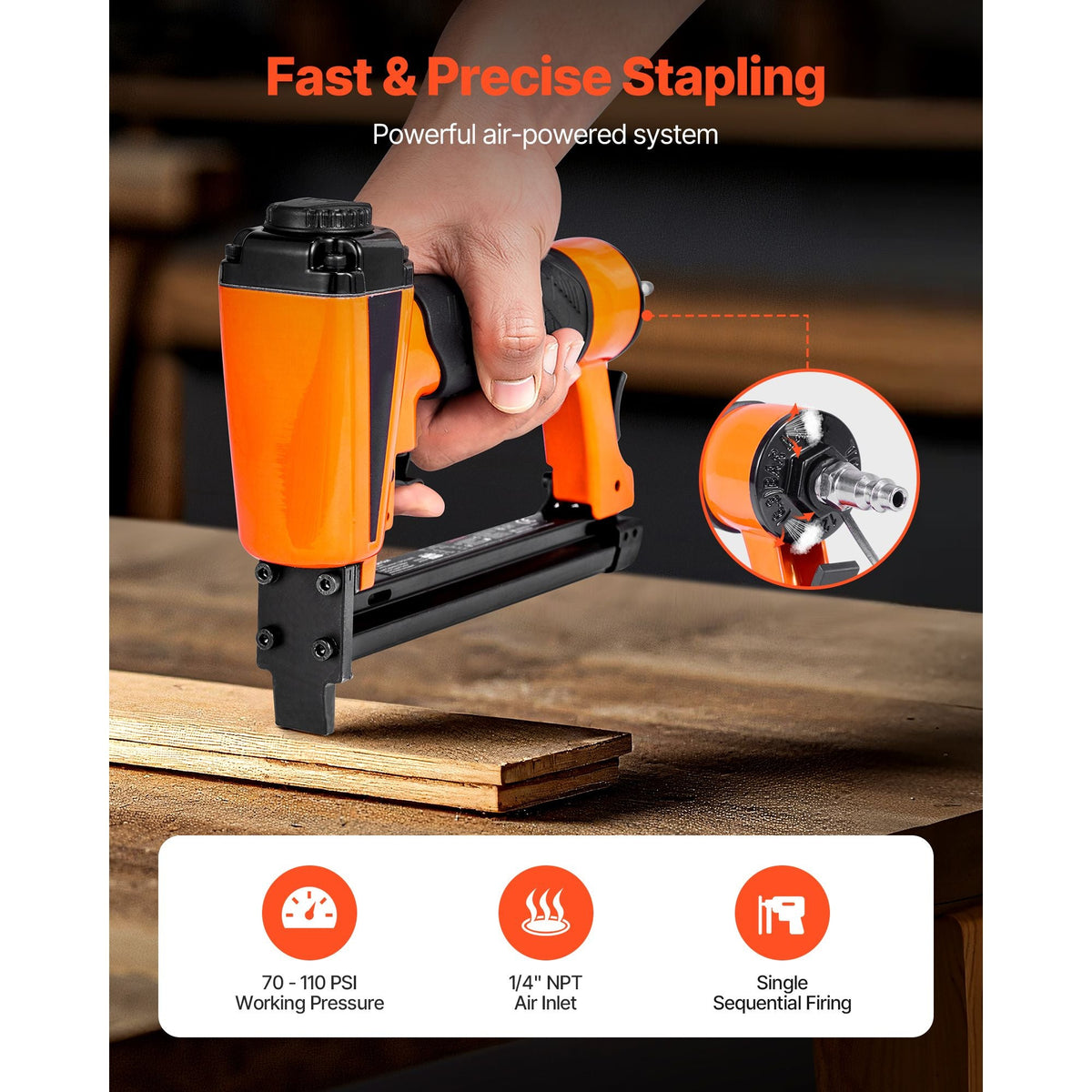 Pneumatic Staple Gun, 21 Gauge Pneumatic Upholstery Stapler for 80 Series 1/2-inch Crown 1/4"-5/8" Length Staples, 70-110 PSI Air Staple Gun for Woodworking, Upholstering, Crafts, DIY Projects