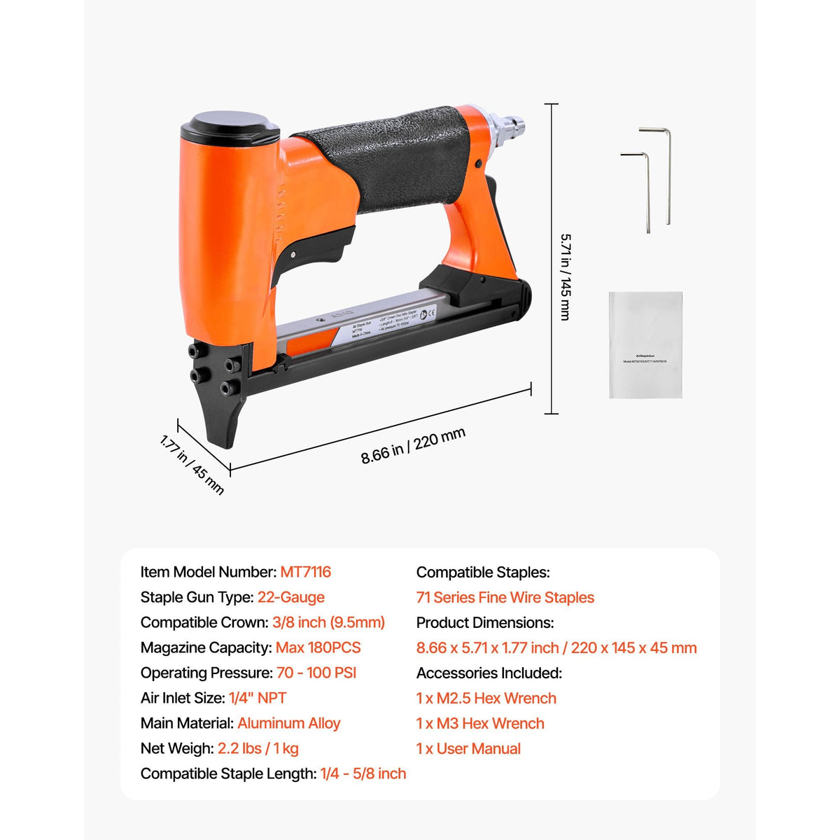 Pneumatic Staple Gun, 22 Gauge Air Upholstery Stapler for 71 Series Fine Wire Staples 3/8" Crown 1/4"-5/8" Length, Max 180PCS Loading Air Staple Gun for Upholstering, Woodworking, DIY Projects