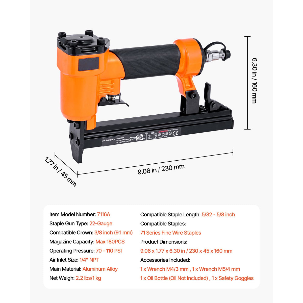 Pneumatic Staple Gun, 22 Gauge Pneumatic Upholstery Stapler for 71 Series Fine Wire Staples 3/8-inch Crown 5/32"-5/8" Length, 70-110 PSI Air Staple Gun for Woodworking, Upholstering, DIY Project