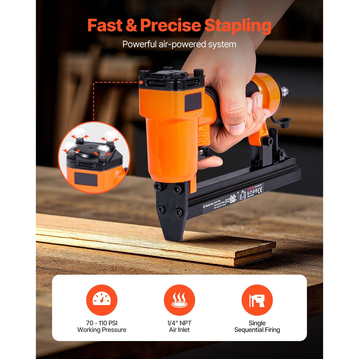 Pneumatic Staple Gun, 22 Gauge Pneumatic Upholstery Stapler for 71 Series Fine Wire Staples 3/8-inch Crown 5/32"-5/8" Length, 70-110 PSI Air Staple Gun for Woodworking, Upholstering, DIY Project
