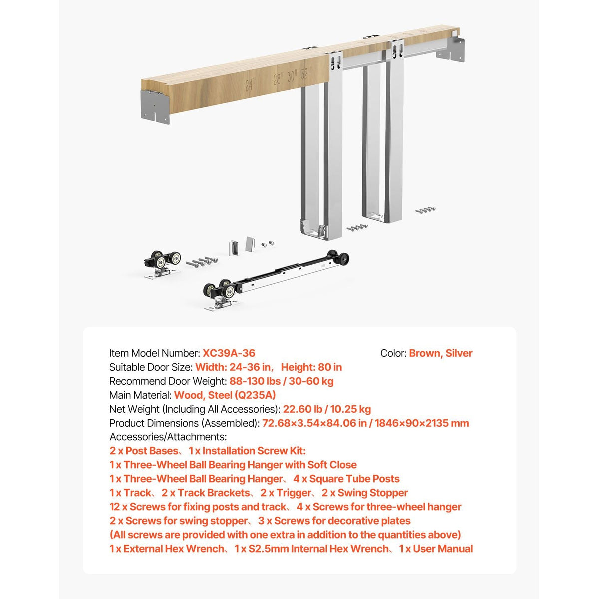 Pocket Door Frame Kit, for 24-36 in Wide 80 in High Door, Pocket Door Kit with Two-Way Soft Close Mechanism, Slide Smoothly Quietly, Easy to Install, Premium Galvanized Steel, for Living Room
