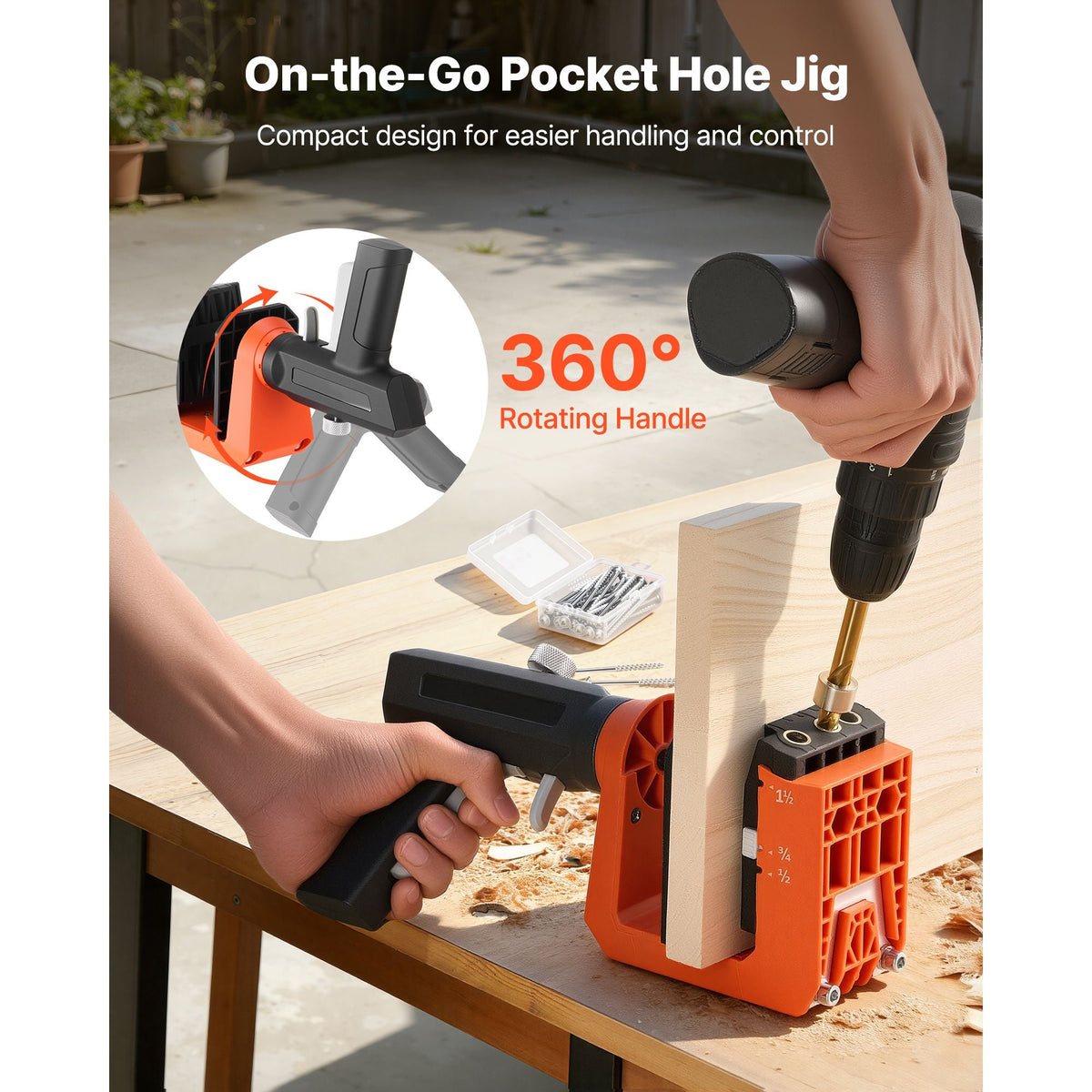 Pocket Hole Jig Kit, 1/2", 3/4", 1-1/2" Adjustable, 360° Rotating Handle, Jig Pocket Hole System with 260 Screws, C-Clamp, Stop Collar, Drill Bit, Easy Clamping and Adjusting, for Woodworking
