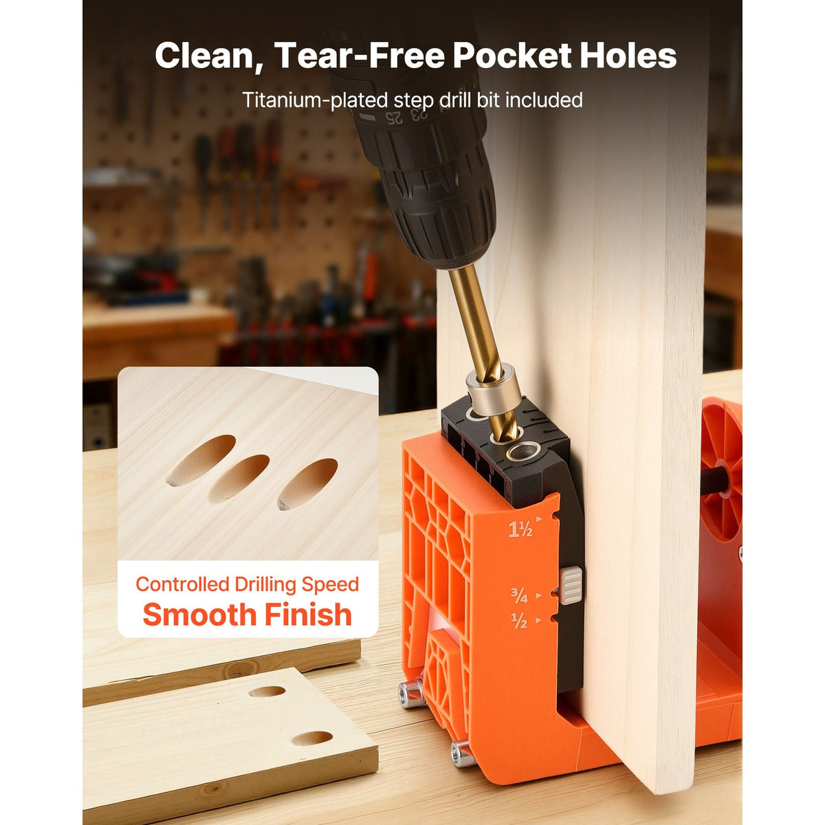Pocket Hole Jig Kit, 1/2", 3/4", 1-1/2" Adjustable, 360° Rotating Handle, Jig Pocket Hole System with 260 Screws, C-Clamp, Stop Collar, Drill Bit, Easy Clamping and Adjusting, for Woodworking
