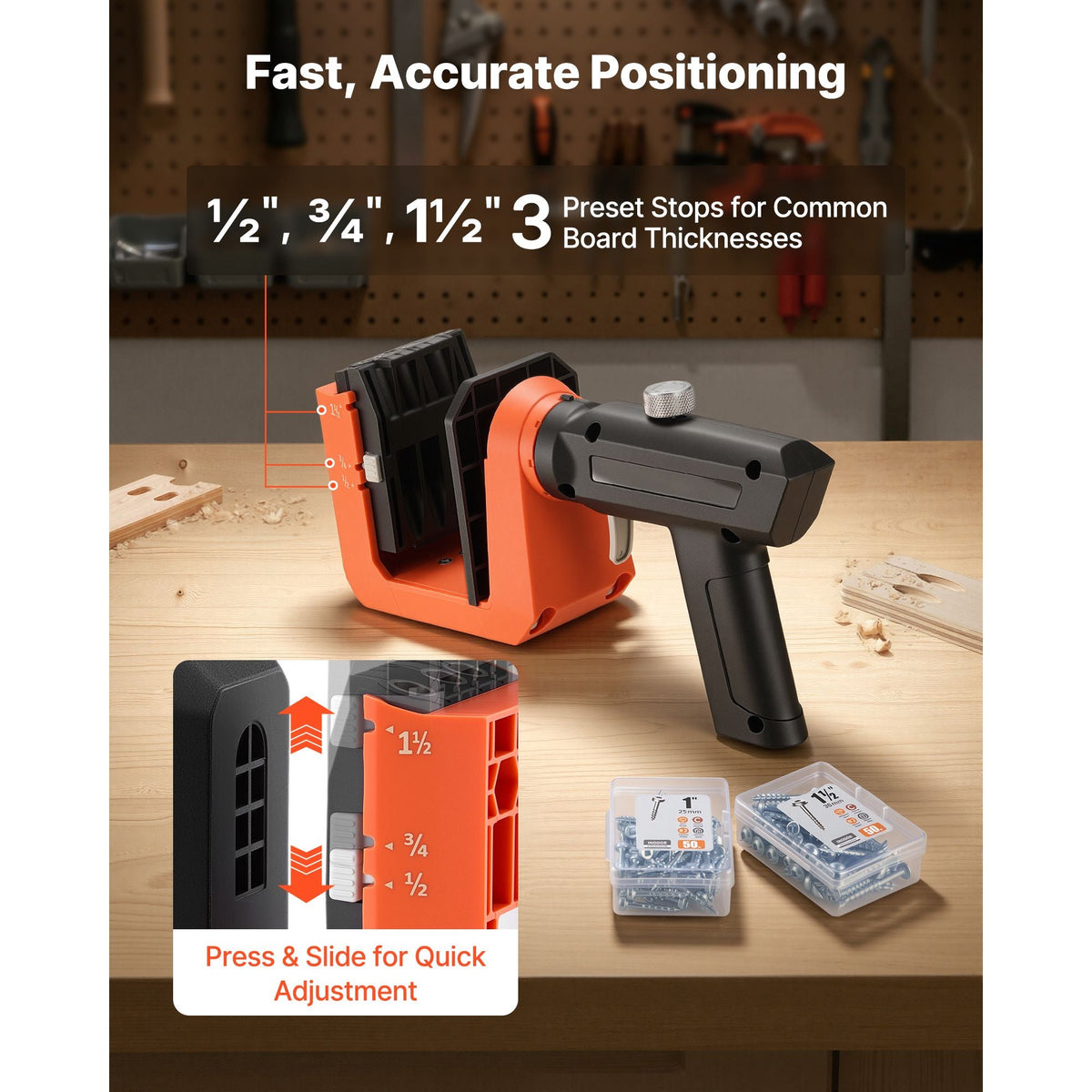 Pocket Hole Jig Kit, 1/2", 3/4", 1-1/2" Adjustable, 360° Rotating Handle, Jig Pocket Hole System with 260 Screws, C-Clamp, Stop Collar, Drill Bit, Easy Clamping and Adjusting, for Woodworking