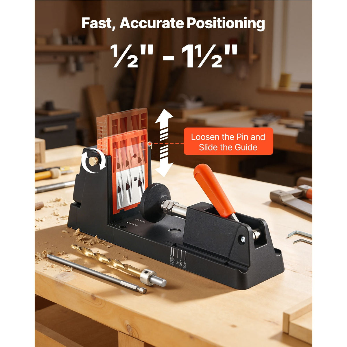 Pocket Hole Jig Kit, 1/2" to 1-1/2" Adjustable, Lightweight Jig Pocket Hole System with Dust Collection Adapter, Detachable Guide Block, Drill Bit, Stop Collar, Easy Adjusting, for Woodworking