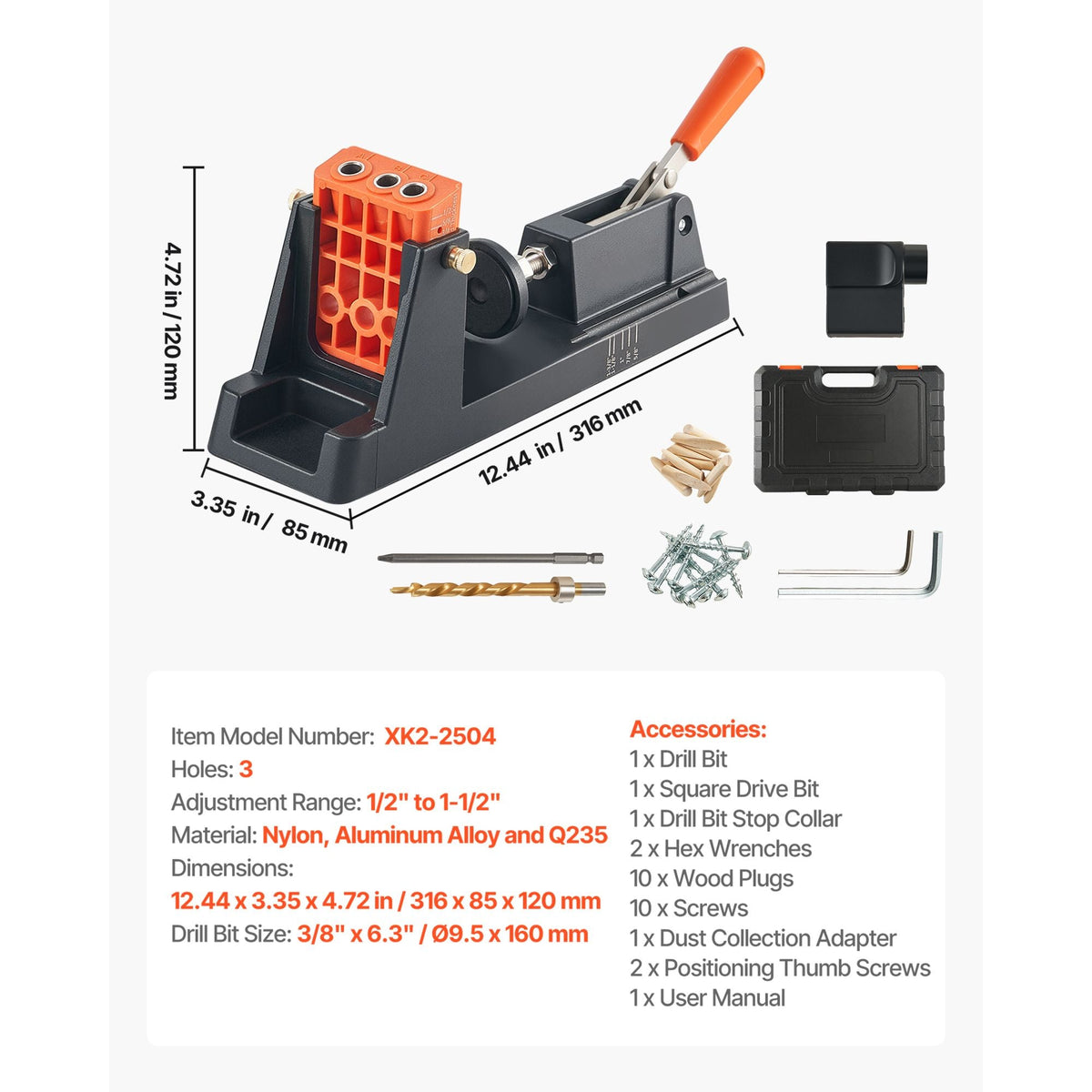 Pocket Hole Jig Kit, 1/2" to 1-1/2" Adjustable, Lightweight Jig Pocket Hole System with Dust Collection Adapter, Detachable Guide Block, Drill Bit, Stop Collar, Easy Adjusting, for Woodworking