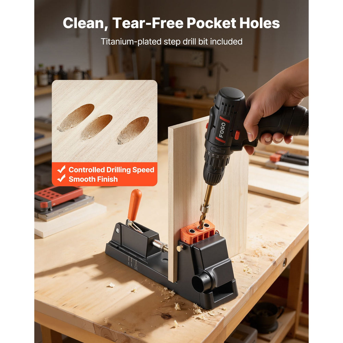 Pocket Hole Jig Kit, 1/2" to 1-1/2" Adjustable, Lightweight Jig Pocket Hole System with Dust Collection Adapter, Detachable Guide Block, Drill Bit, Stop Collar, Easy Adjusting, for Woodworking