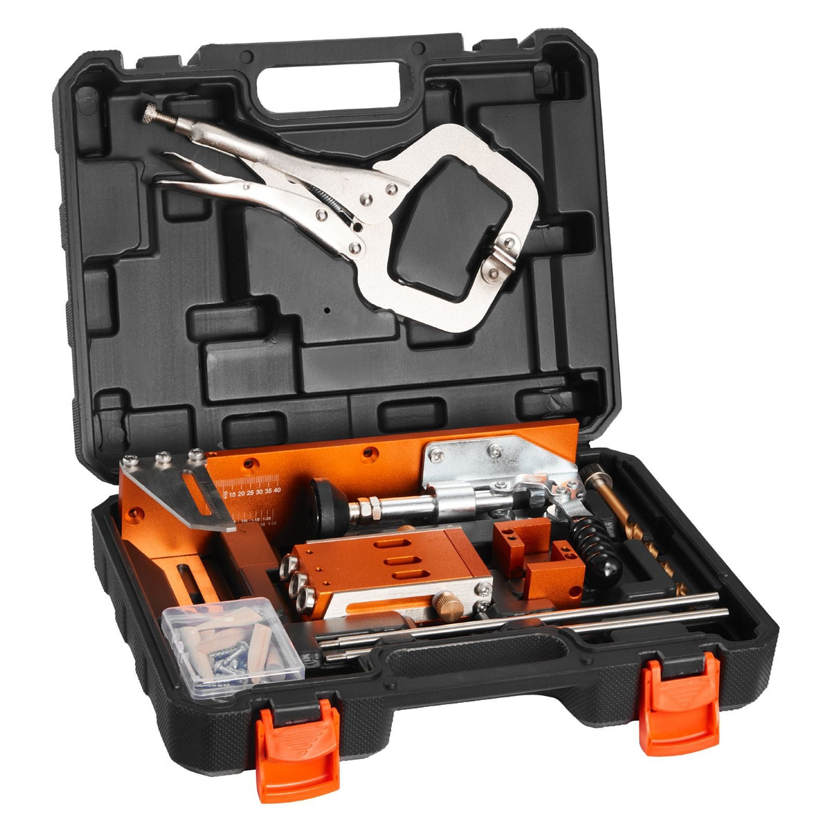 Pocket Hole Jig Kit, 1/2 to 1-1/2 in Adjustable, Jig Pocket Hole System with Toolcase, C-Clamp, Step Drill, Hex Wrench, Drill Stop Ring, Square Drive Bit, Reinforced Metal Frame, for Woodworking