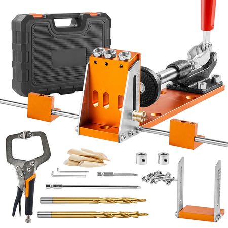 Pocket Hole Jig Kit, 34 Pcs Pocket Hole Jig System with 11" C-clamp, Fixture, Step Drills, Wrenches, Drill Stop Rings, Square Drive Bits, Toolbox, Adjustable, for DIY Carpentry Projects
