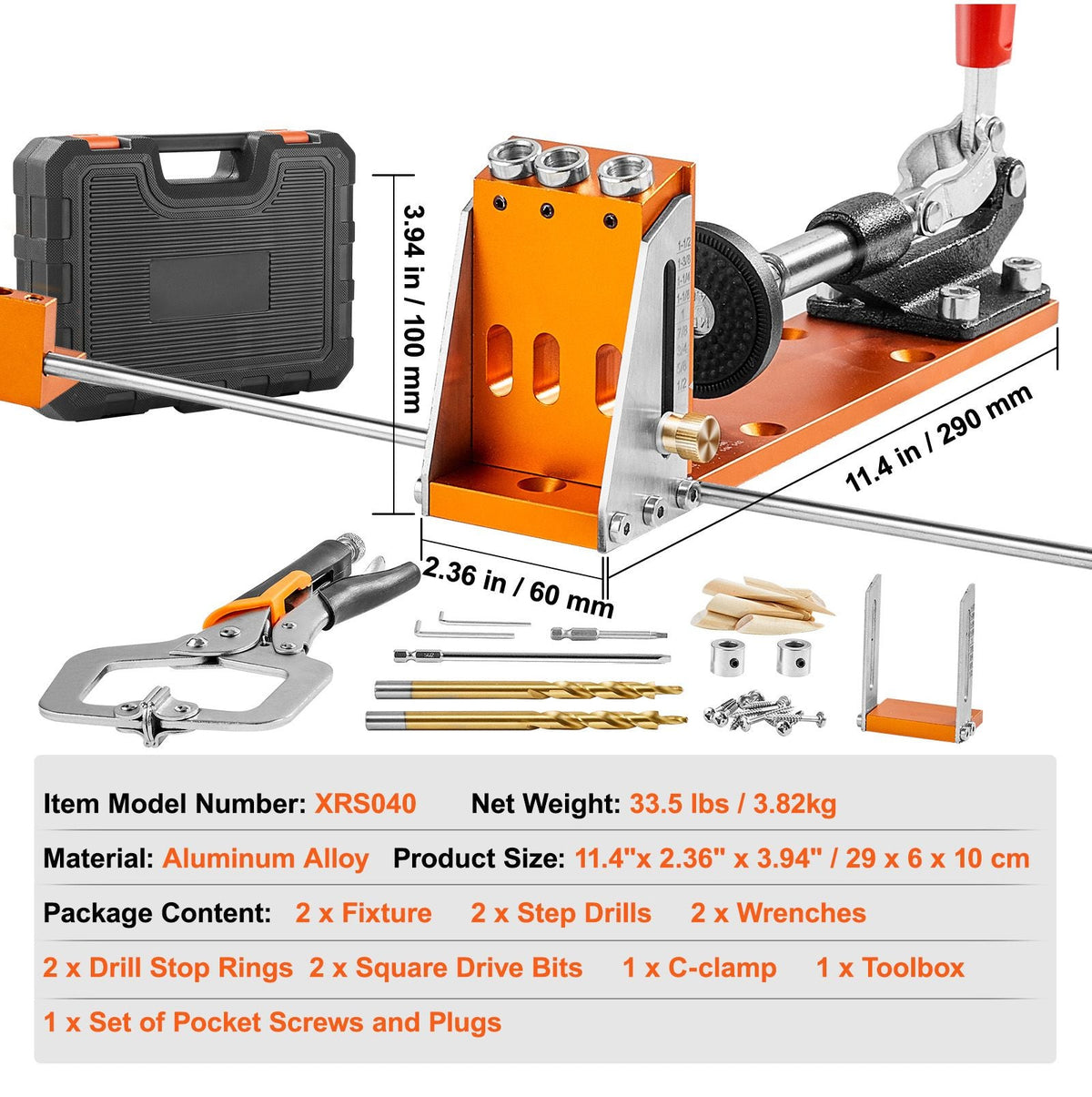 Pocket Hole Jig Kit, 34 Pcs Pocket Hole Jig System with 11" C-clamp, Fixture, Step Drills, Wrenches, Drill Stop Rings, Square Drive Bits, Toolbox, Adjustable, for DIY Carpentry Projects
