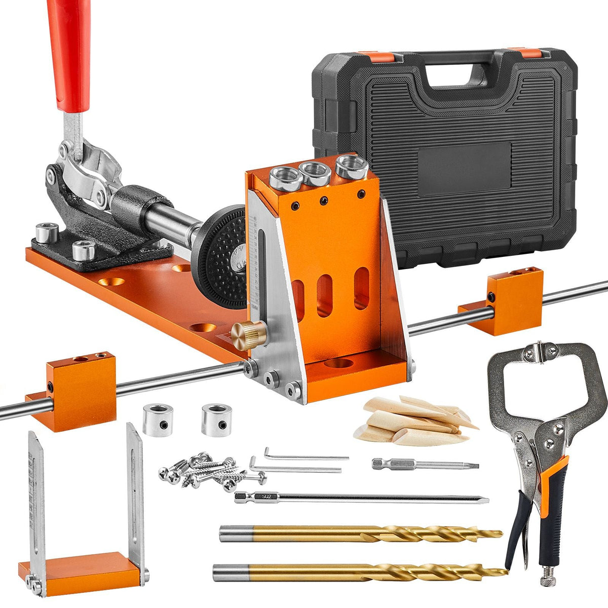 Pocket Hole Jig Kit, 34 Pcs Pocket Hole Jig System with 11" C-clamp, Fixture, Step Drills, Wrenches, Drill Stop Rings, Square Drive Bits, Toolbox, Adjustable, for DIY Carpentry Projects