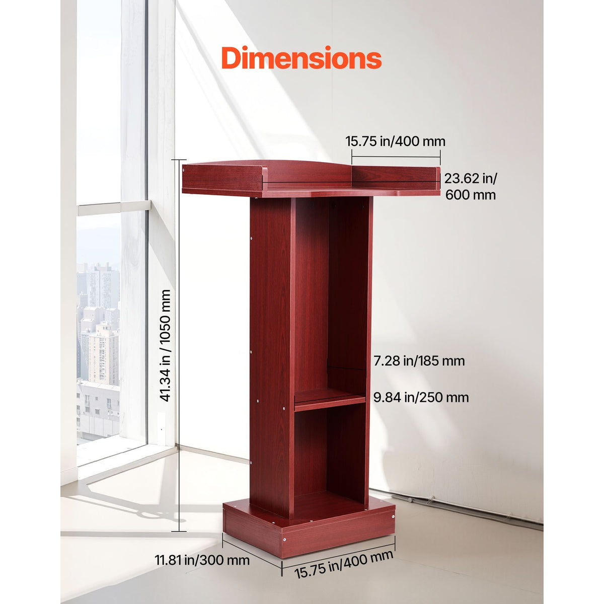 Podium Stand, 41-Inch Wooden Lectern, Laptop Desk with Wide Reading Surface and Storage Shelf, Edge Stopper, Elegant Design, Flool-Standing, for Classroom, Conference, Church, and Presentation