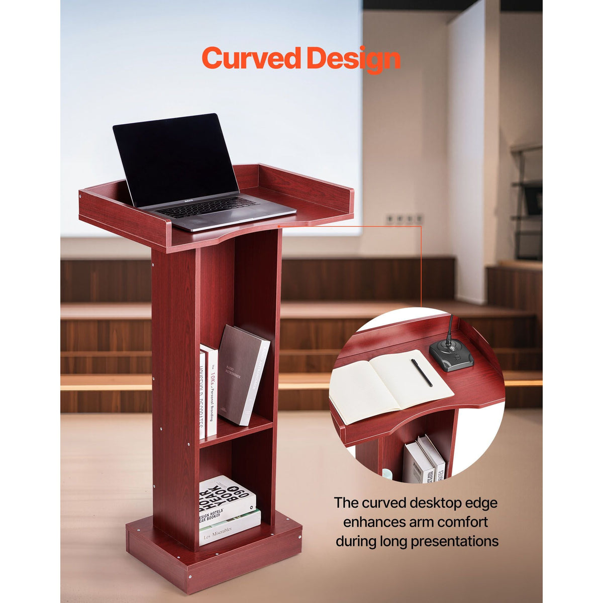 Podium Stand, 41-Inch Wooden Lectern, Laptop Desk with Wide Reading Surface and Storage Shelf, Edge Stopper, Elegant Design, Flool-Standing, for Classroom, Conference, Church, and Presentation