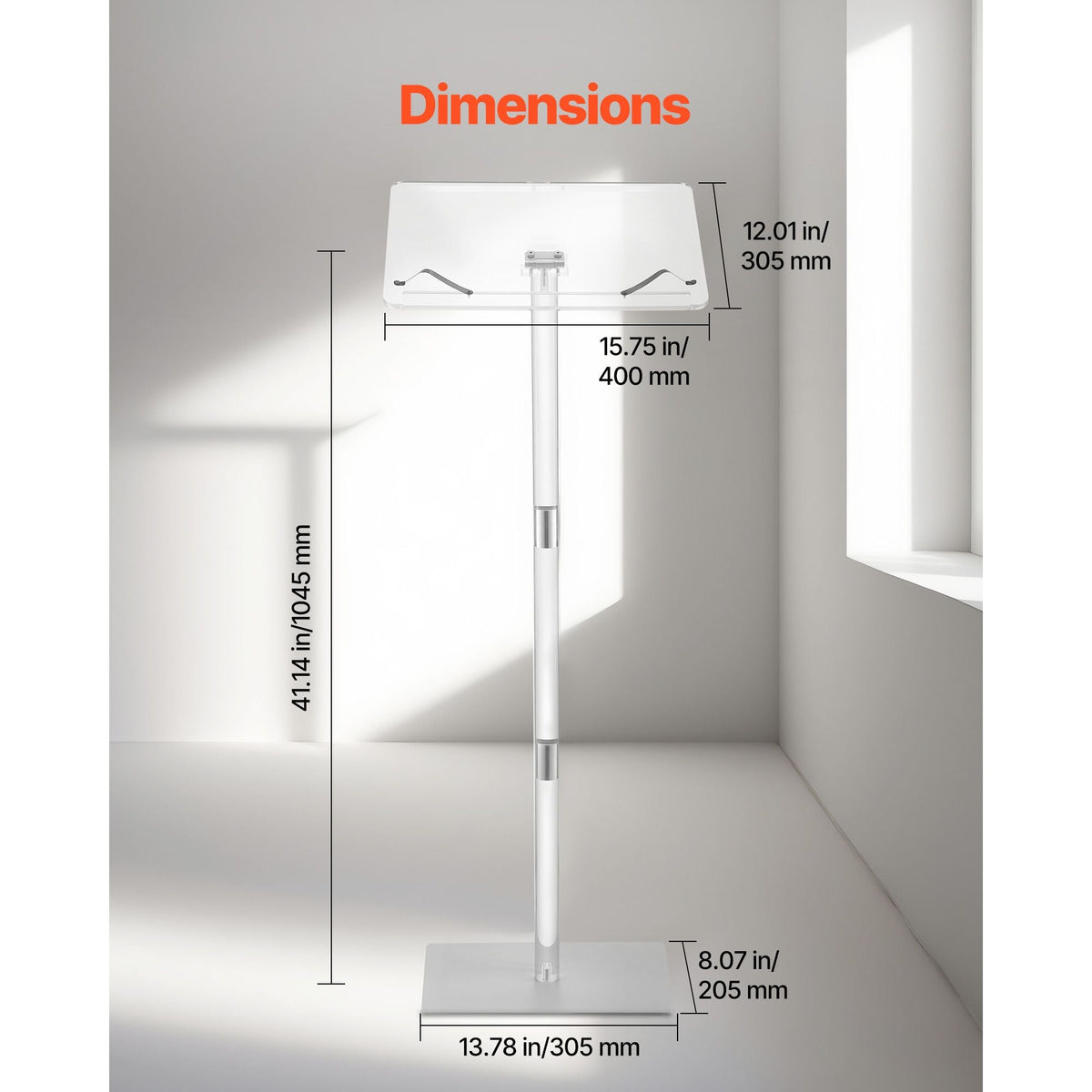 Podium Stand, 43-Inch Acrylic Lectern, Portable Laptop Desk with Wide Reading Surface, Book Clips, Adjustable Angle, Floor-Standing, for Classroom, Wedding, Conference, Lecture and Concert