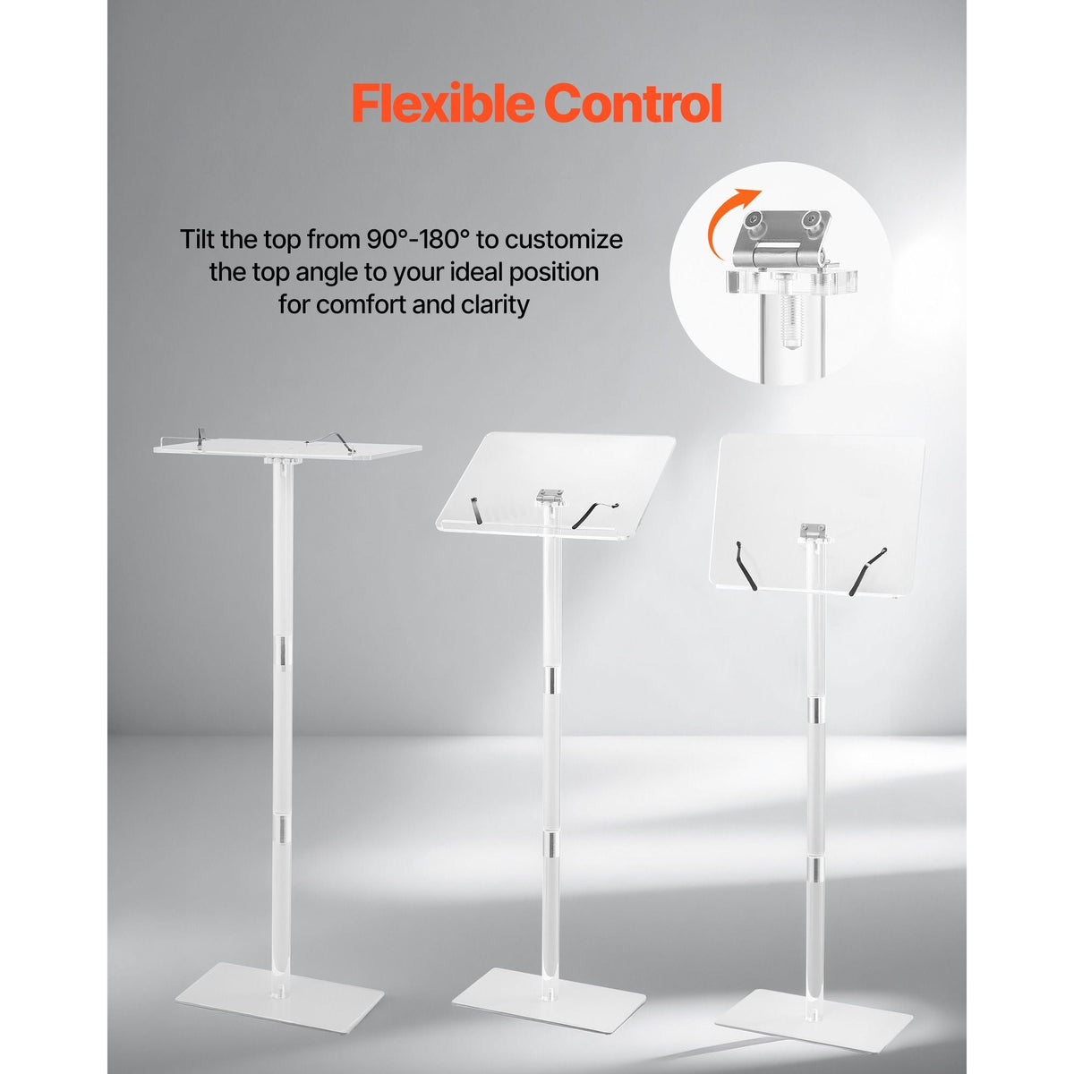 Podium Stand, 43-Inch Acrylic Lectern, Portable Laptop Desk with Wide Reading Surface, Book Clips, Adjustable Angle, Floor-Standing, for Classroom, Wedding, Conference, Lecture and Concert