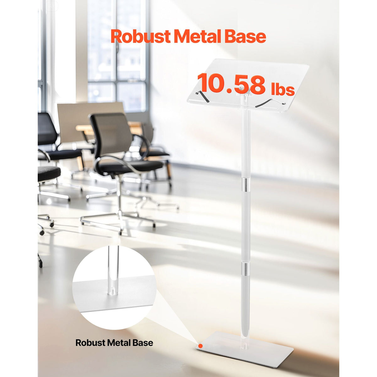Podium Stand, 43-Inch Acrylic Lectern, Portable Laptop Desk with Wide Reading Surface, Book Clips, Adjustable Angle, Floor-Standing, for Classroom, Wedding, Conference, Lecture and Concert