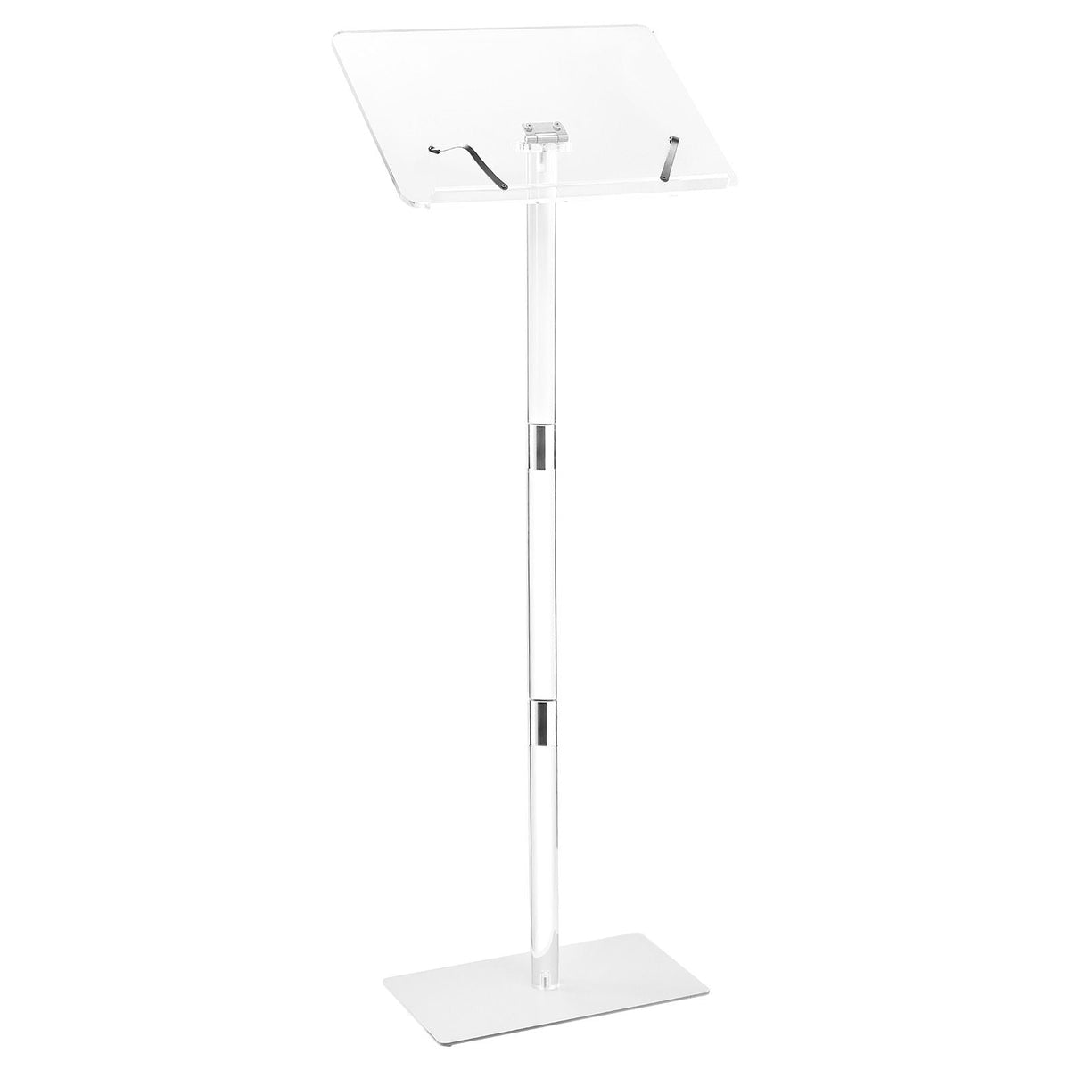 Podium Stand, 43-Inch Acrylic Lectern, Portable Laptop Desk with Wide Reading Surface, Book Clips, Adjustable Angle, Floor-Standing, for Classroom, Wedding, Conference, Lecture and Concert