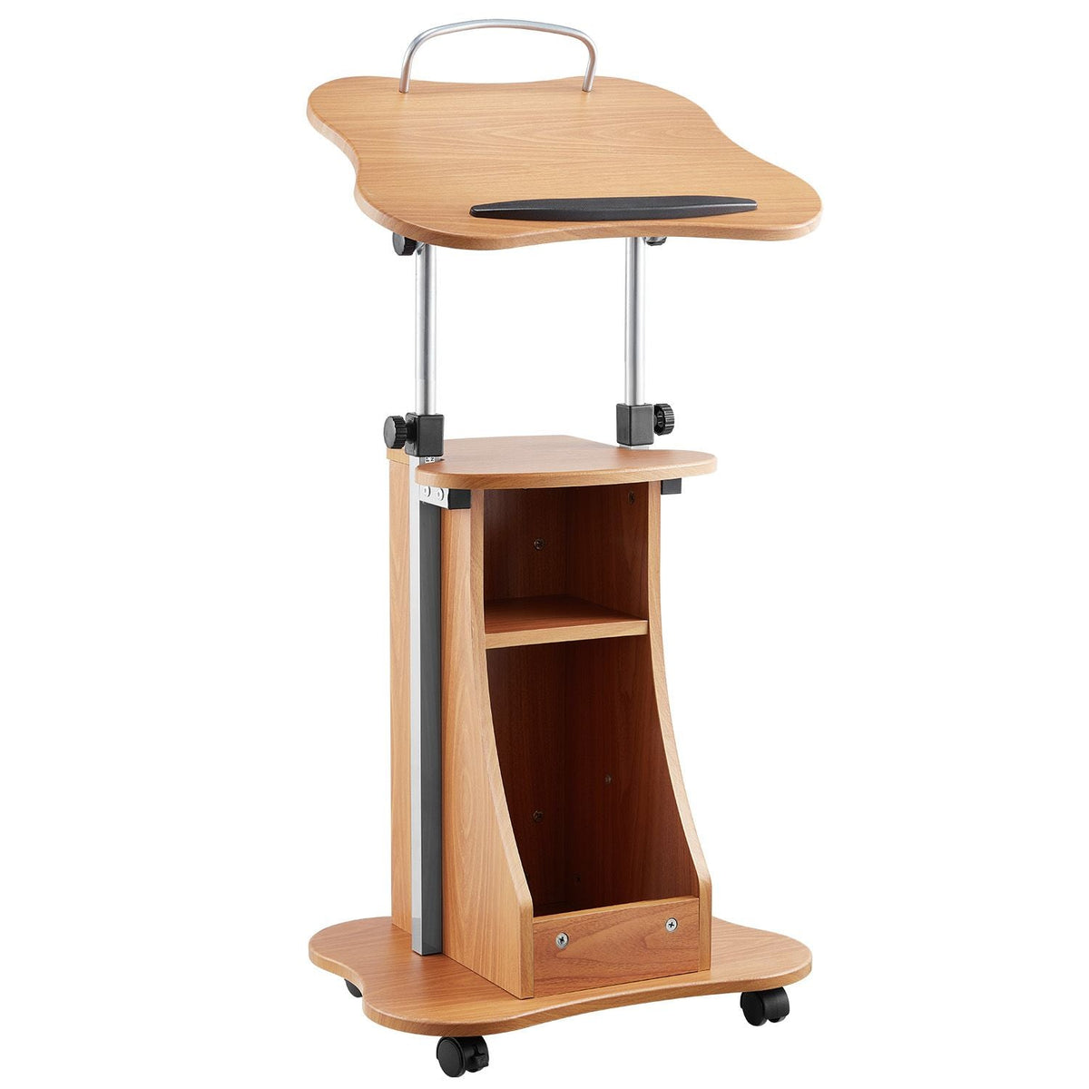Podium Stand, 43-Inch Wooden Lectern, Portable Laptop Desk with Lockable Wheels, Wide Reading Surface and Open Storage Area, Adjustable Height and Angle, for Speeches, Lectures, or Presentations