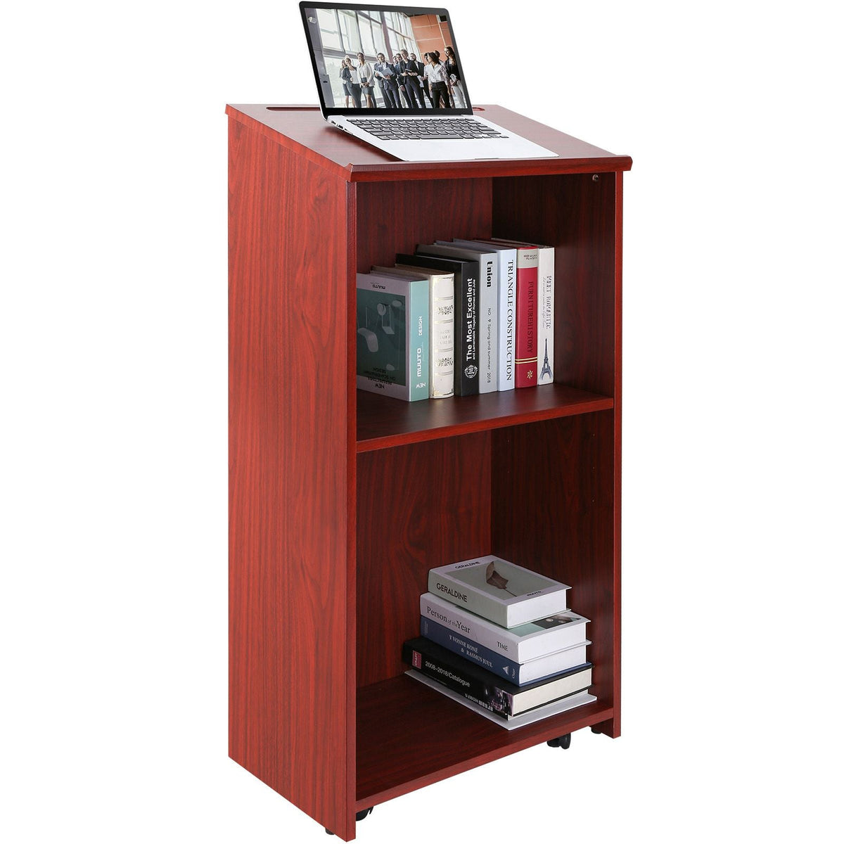 Podium Stand, 47 inch Hostess Stand with 4 Rolling Wheels, Wood Podium with Storage Shelves and Slant Desktop, Lecterns & Podiums for Home, Office, School, Church, Brown