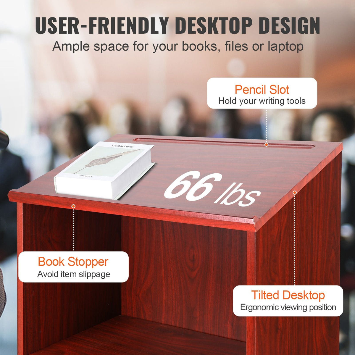 Podium Stand, 47 inch Hostess Stand with 4 Rolling Wheels, Wood Podium with Storage Shelves and Slant Desktop, Lecterns & Podiums for Home, Office, School, Church, Brown