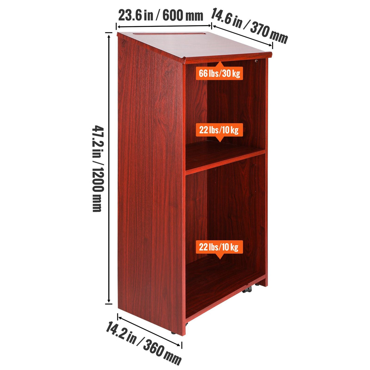 Podium Stand, 47 inch Hostess Stand with 4 Rolling Wheels, Wood Podium with Storage Shelves and Slant Desktop, Lecterns & Podiums for Home, Office, School, Church, Brown