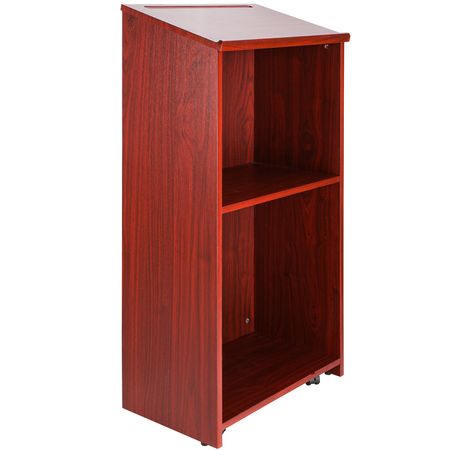 Podium Stand, 47 inch Hostess Stand with 4 Rolling Wheels, Wood Podium with Storage Shelves and Slant Desktop, Lecterns & Podiums for Home, Office, School, Church, Brown