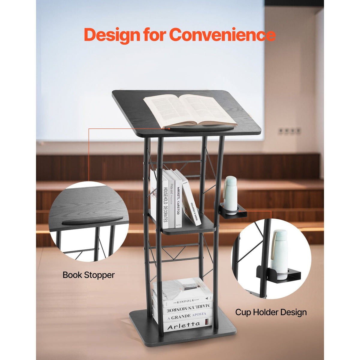 Podium Stand, 47-Inch Metal Lectern, Curved Standing Podium with Wide Reading Surface, Open Storage Compartment, Book Stopper, Cup Holder, for Classroom, Wedding, Conference, Speech, and Concert