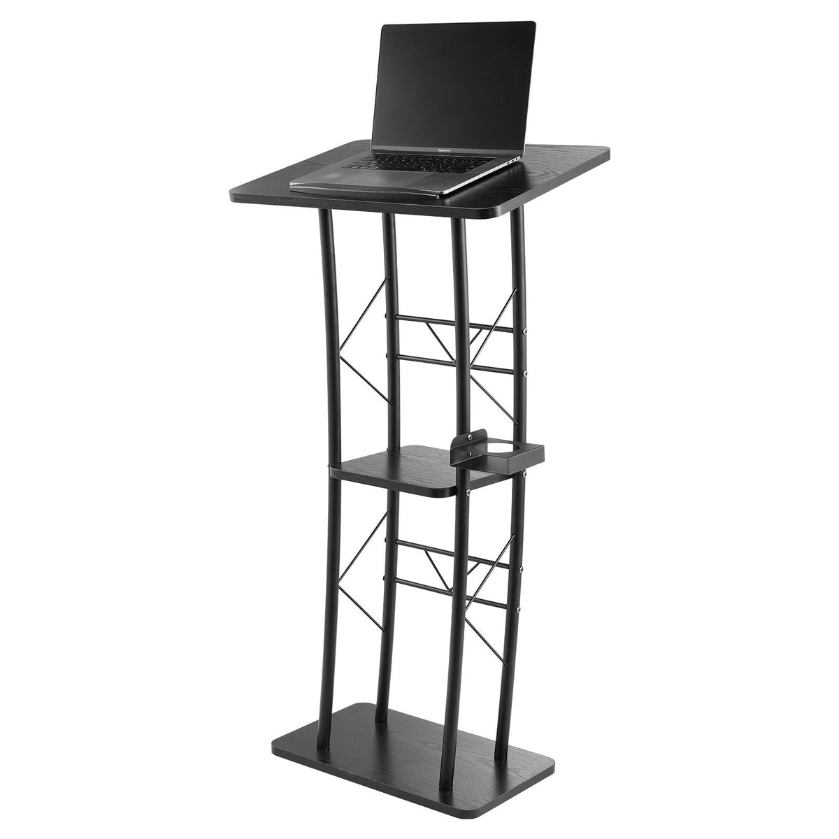 Podium Stand, 47-Inch Metal Lectern, Curved Standing Podium with Wide Reading Surface, Open Storage Compartment, Book Stopper, Cup Holder, for Classroom, Wedding, Conference, Speech, and Concert