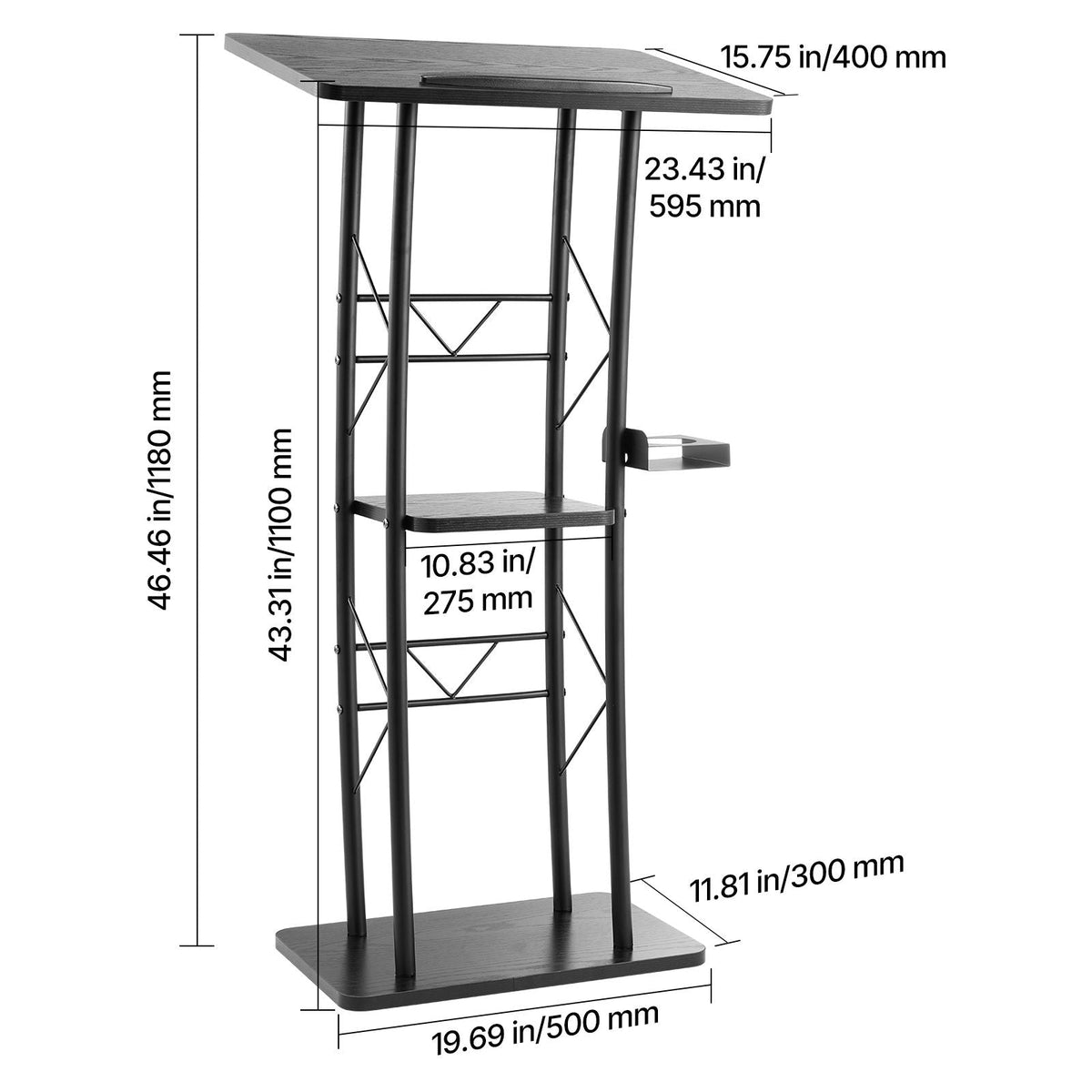 Podium Stand, 47-Inch Metal Lectern, Curved Standing Podium with Wide Reading Surface, Open Storage Compartment, Book Stopper, Cup Holder, for Classroom, Wedding, Conference, Speech, and Concert