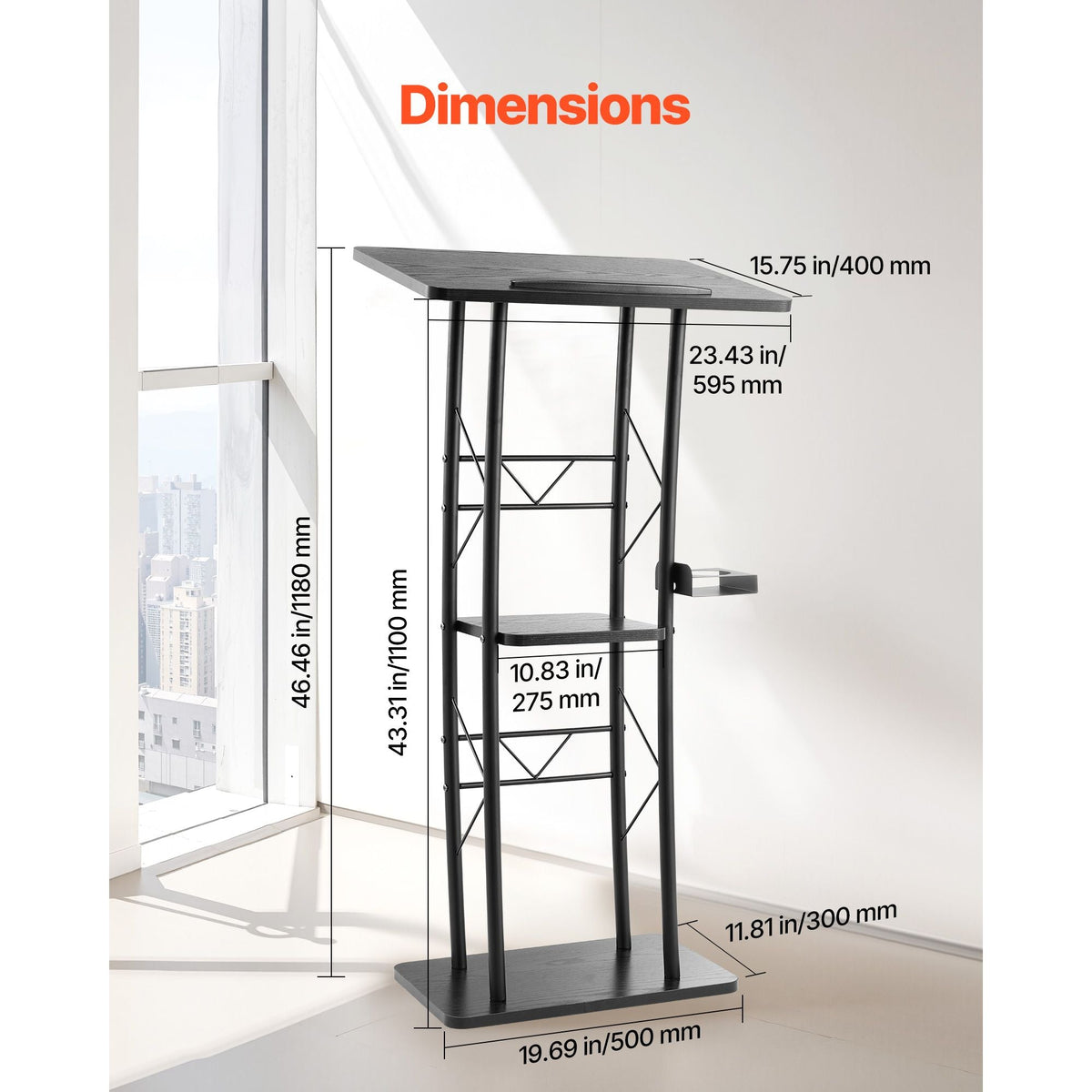Podium Stand, 47-Inch Metal Lectern, Curved Standing Podium with Wide Reading Surface, Open Storage Compartment, Book Stopper, Cup Holder, for Classroom, Wedding, Conference, Speech, and Concert
