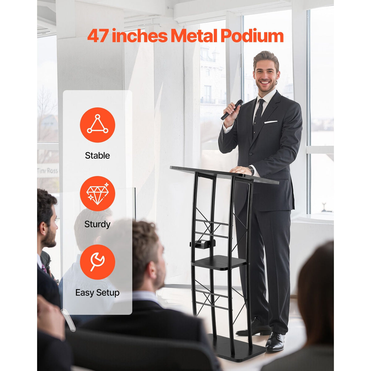Podium Stand, 47-Inch Metal Lectern, Curved Standing Podium with Wide Reading Surface, Open Storage Compartment, Book Stopper, Cup Holder, for Classroom, Wedding, Conference, Speech, and Concert