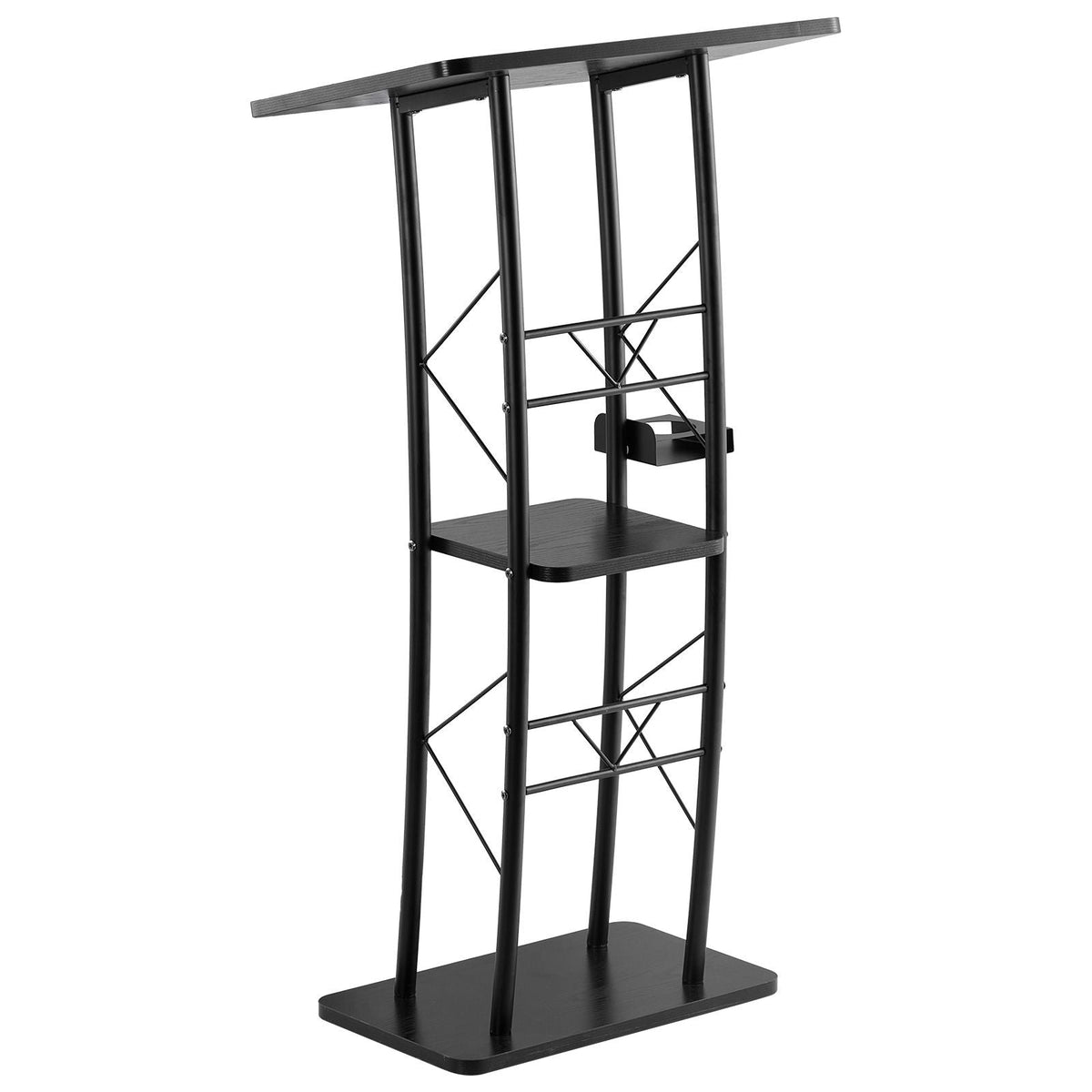 Podium Stand, 47-Inch Metal Lectern, Curved Standing Podium with Wide Reading Surface, Open Storage Compartment, Book Stopper, Cup Holder, for Classroom, Wedding, Conference, Speech, and Concert