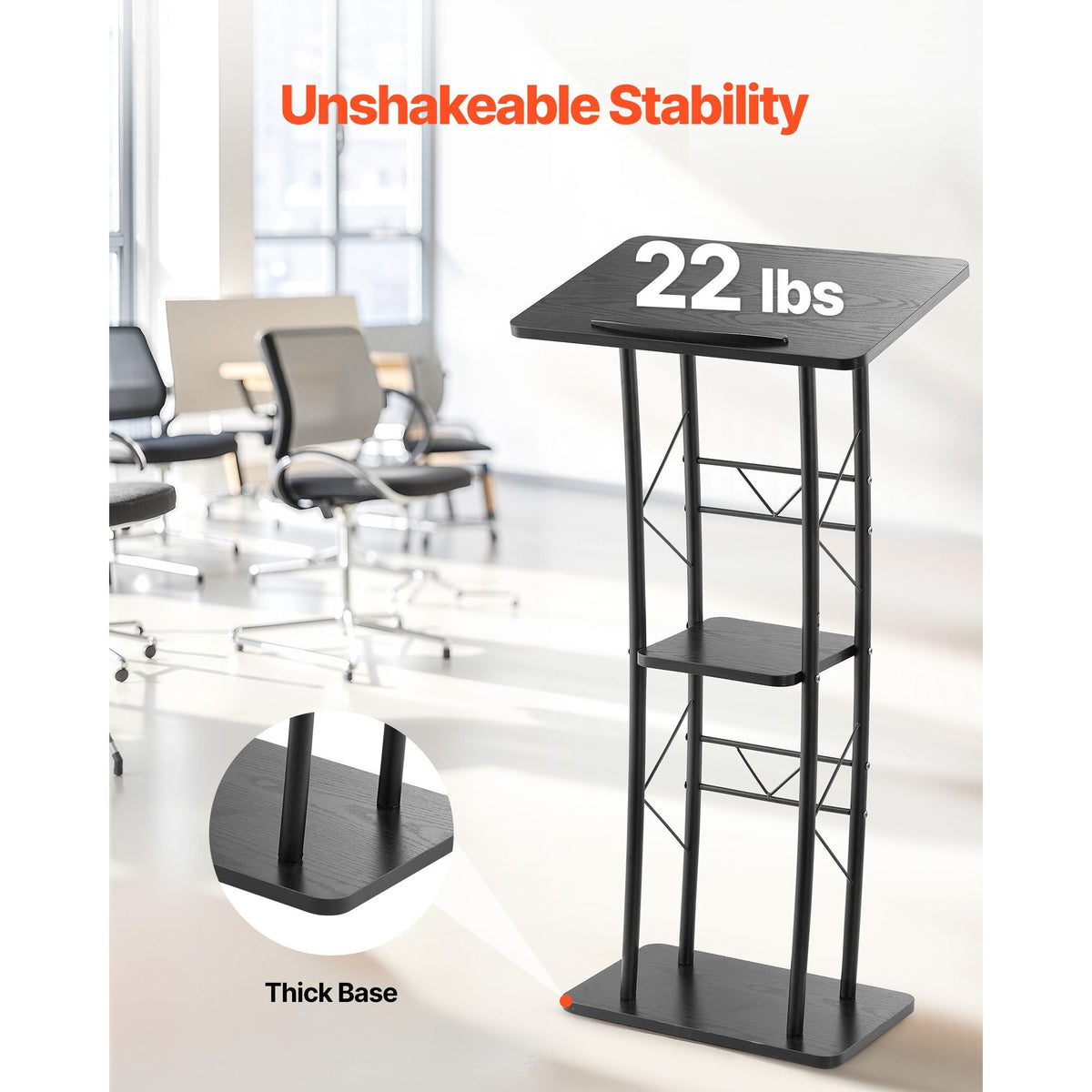Podium Stand, 47-Inch Metal Lectern, Curved Standing Podium with Wide Reading Surface, Open Storage Compartment, Book Stopper, Cup Holder, for Classroom, Wedding, Conference, Speech, and Concert