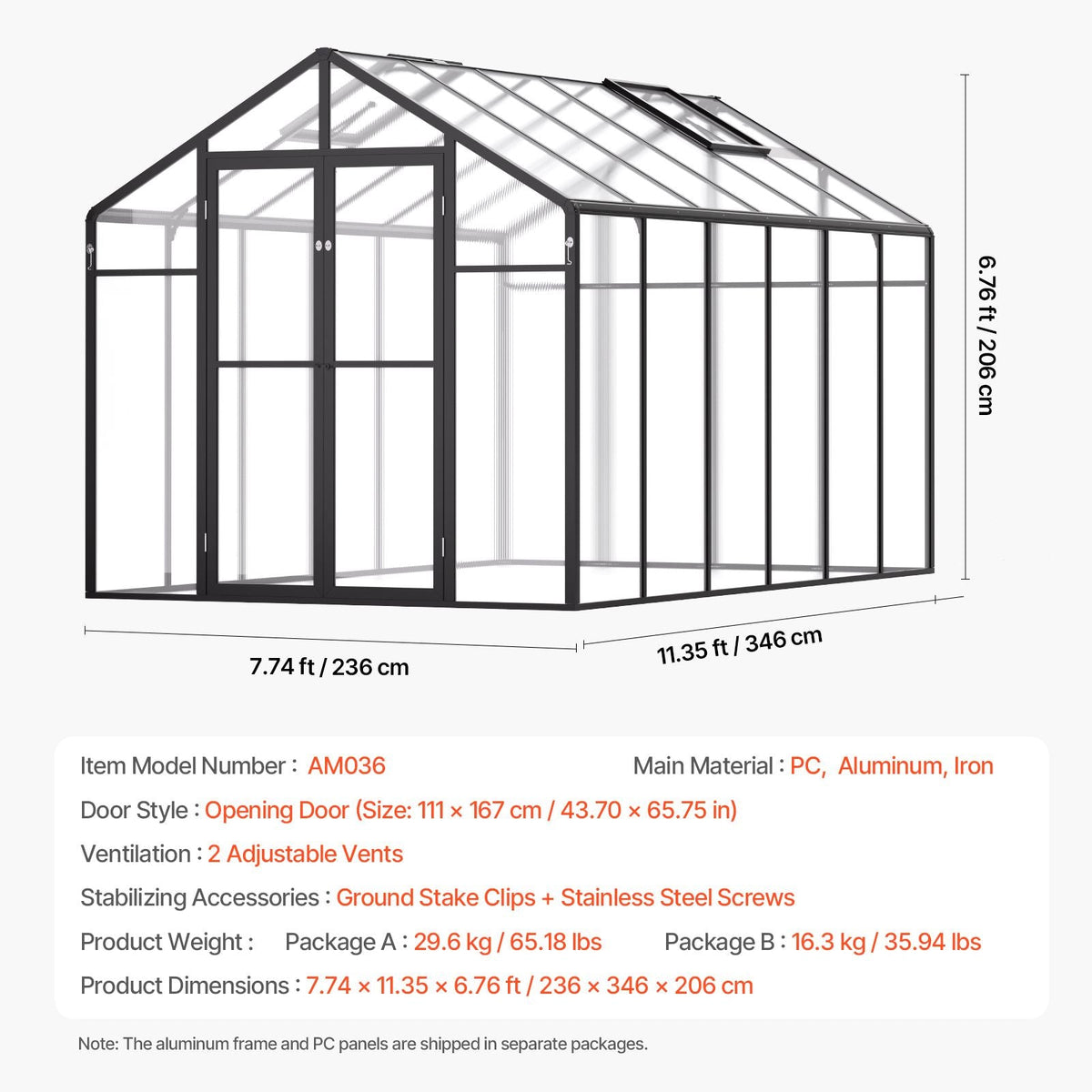 Polycarbonate Greenhouse, 8 x 12 Ft, Outdoor Greenhouse with 2 Vent Windows, Pavilion Styled Greenhouse with Hinged Door, Aluminum Large Walk-in Greenhouse Kit for Outside Garden Backyard
