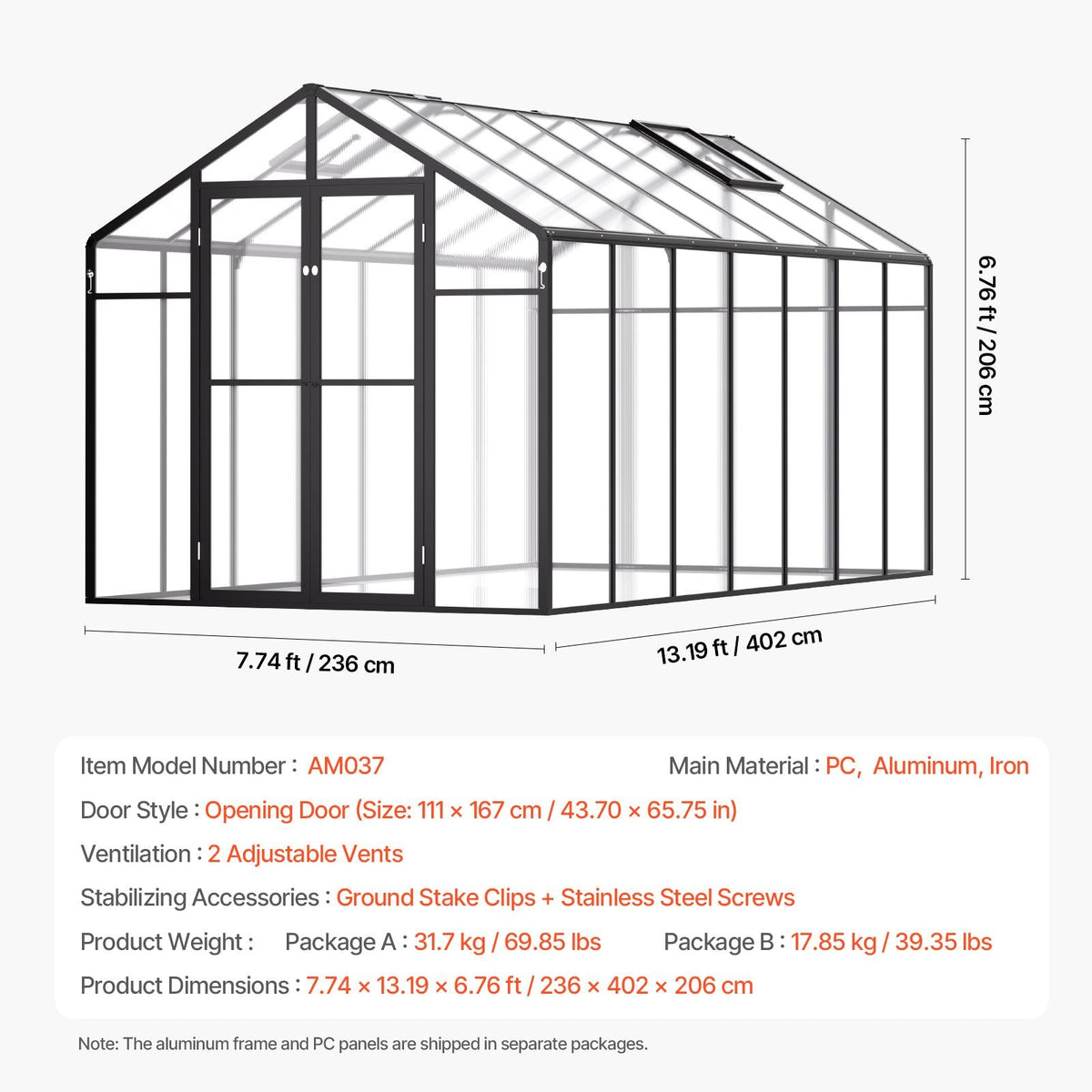 Polycarbonate Greenhouse, 8 x 14 Ft, Outdoor Greenhouse with 2 Vent Windows, Pavilion Styled Greenhouse with Hinged Door, Aluminum Large Walk-in Greenhouse Kit for Outside Garden Backyard