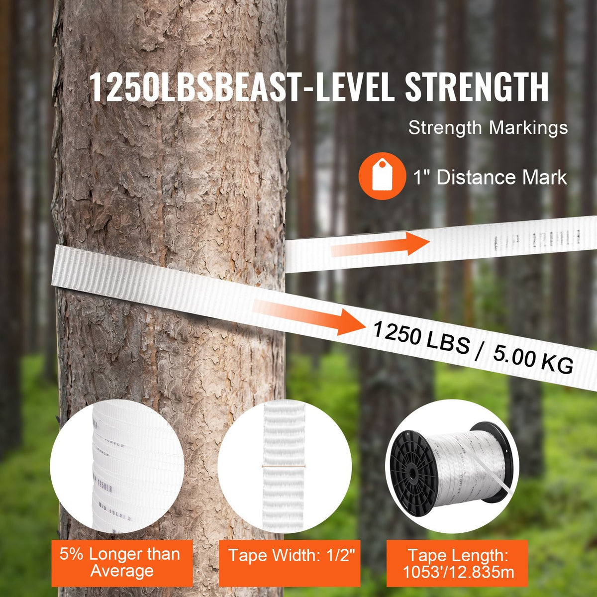 Polyester Pull Tape, 1/2" x 1053' Mule Tape Flat Rope, 1250 lbf Tensile Capacity, Printed Webbing Cable Pulling Tape for Packaging, Gardening, Commercial Electrical, Conduit Work, White