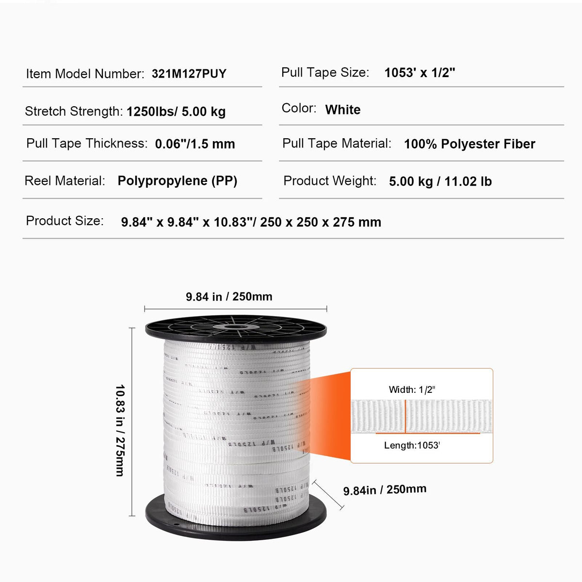 Polyester Pull Tape, 1/2" x 1053' Mule Tape Flat Rope, 1250 lbf Tensile Capacity, Printed Webbing Cable Pulling Tape for Packaging, Gardening, Commercial Electrical, Conduit Work, White