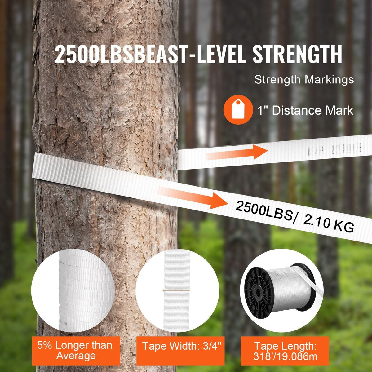 Polyester Pull Tape, 3/4" x 318' Mule Tape Flat Rope, 2500 lbf Tensile Capacity, Printed Webbing Cable Pulling Tape for Packaging, Gardening, Commercial Electrical, Conduit Work, White