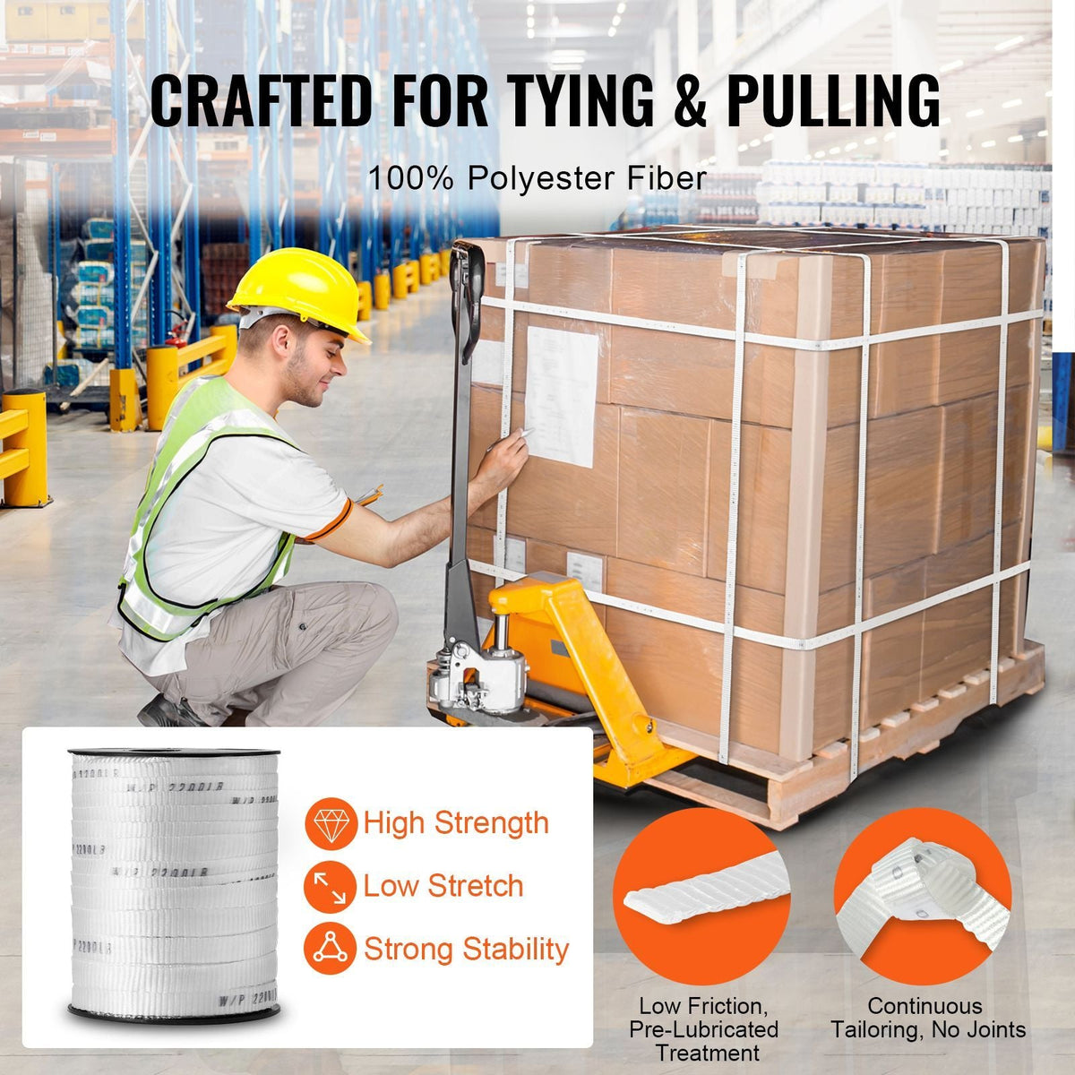 Polyester Pull Tape, 5/8" x 318' Mule Tape Flat Rope, 2200 lbf Tensile Capacity, Printed Webbing Cable Pulling Tape for Packaging, Gardening, Commercial Electrical, Conduit Work, White