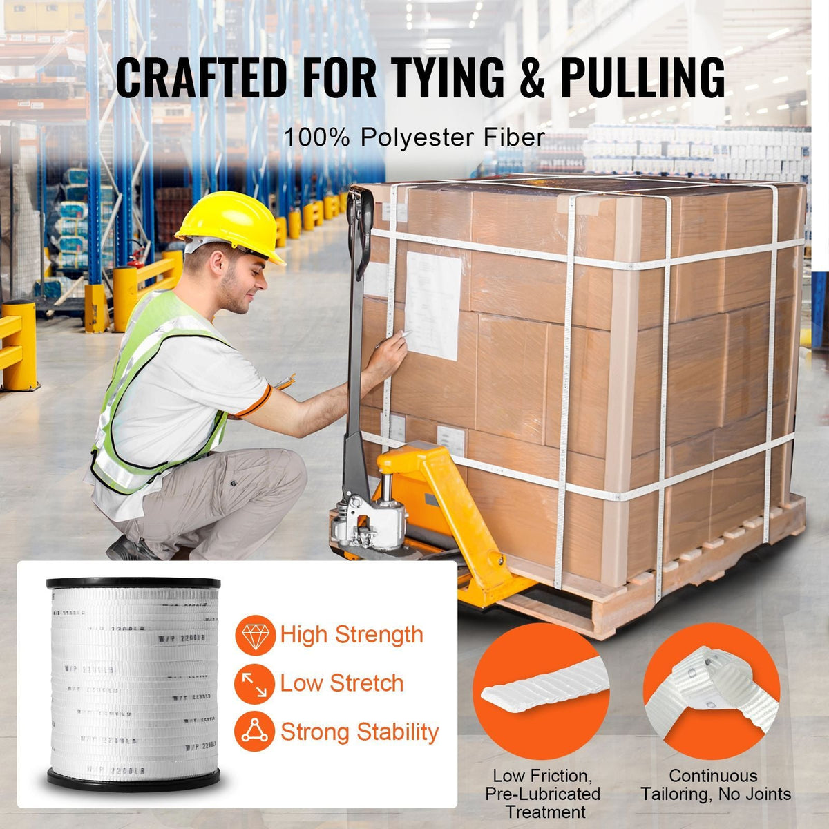 Polyester Pull Tape, 5/8" x 630' Mule Tape Flat Rope, 2200 lbf Tensile Capacity, Printed Webbing Cable Pulling Tape for Packaging, Gardening, Commercial Electrical, Conduit Work, Whit