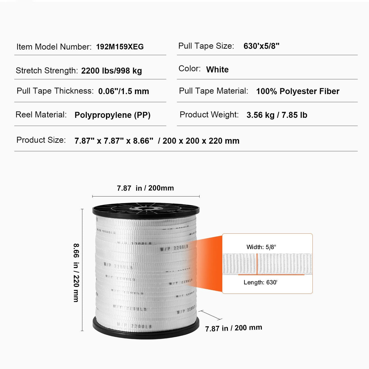 Polyester Pull Tape, 5/8" x 630' Mule Tape Flat Rope, 2200 lbf Tensile Capacity, Printed Webbing Cable Pulling Tape for Packaging, Gardening, Commercial Electrical, Conduit Work, Whit
