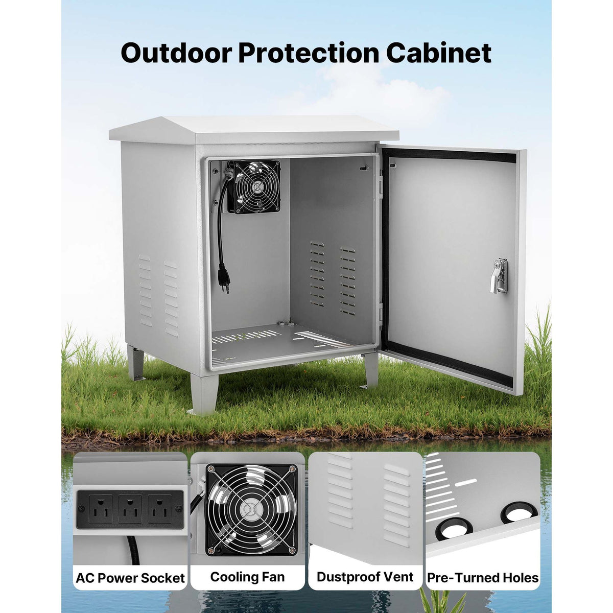 Pond Aerator Weatherproof Outdoor Cabinet, Housing for Pond Aerator with Cooling Fan & AC Power Outlet, 16.9 x 19.7 x 22.8 in, Water Garden Aeration Box, Fits Most Aeration Compressors