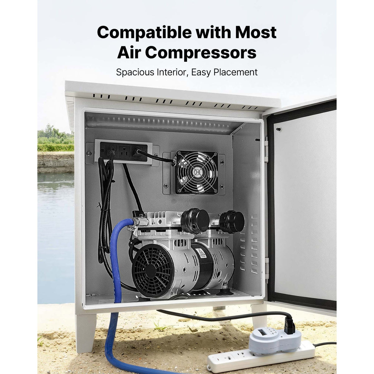 Pond Aerator Weatherproof Outdoor Cabinet, Housing for Pond Aerator with Cooling Fan & AC Power Outlet, 16.9 x 19.7 x 22.8 in, Water Garden Aeration Box, Fits Most Aeration Compressors