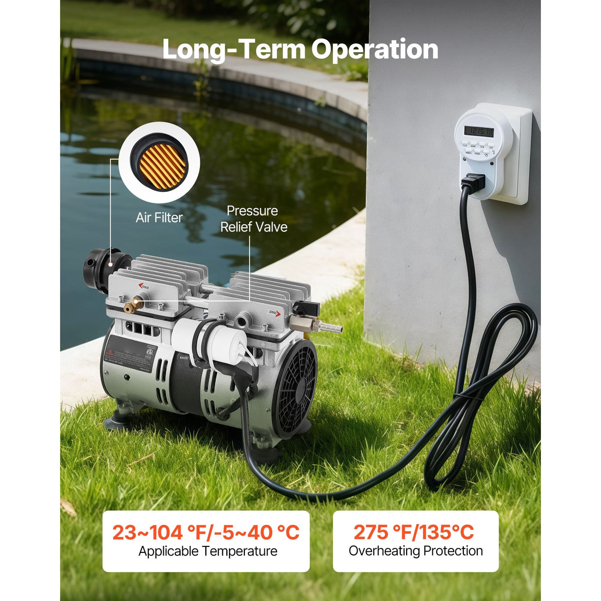 Pond Aerator,5.2CFM 3/4 HP Air Compressor, Lake Aerator for Ponds up to 3 Acres, Overheat Protection & Anti-Backflow Valve, 550W Powerful Motor, Pond Aeration Pump for Water Oxygen Circulation
