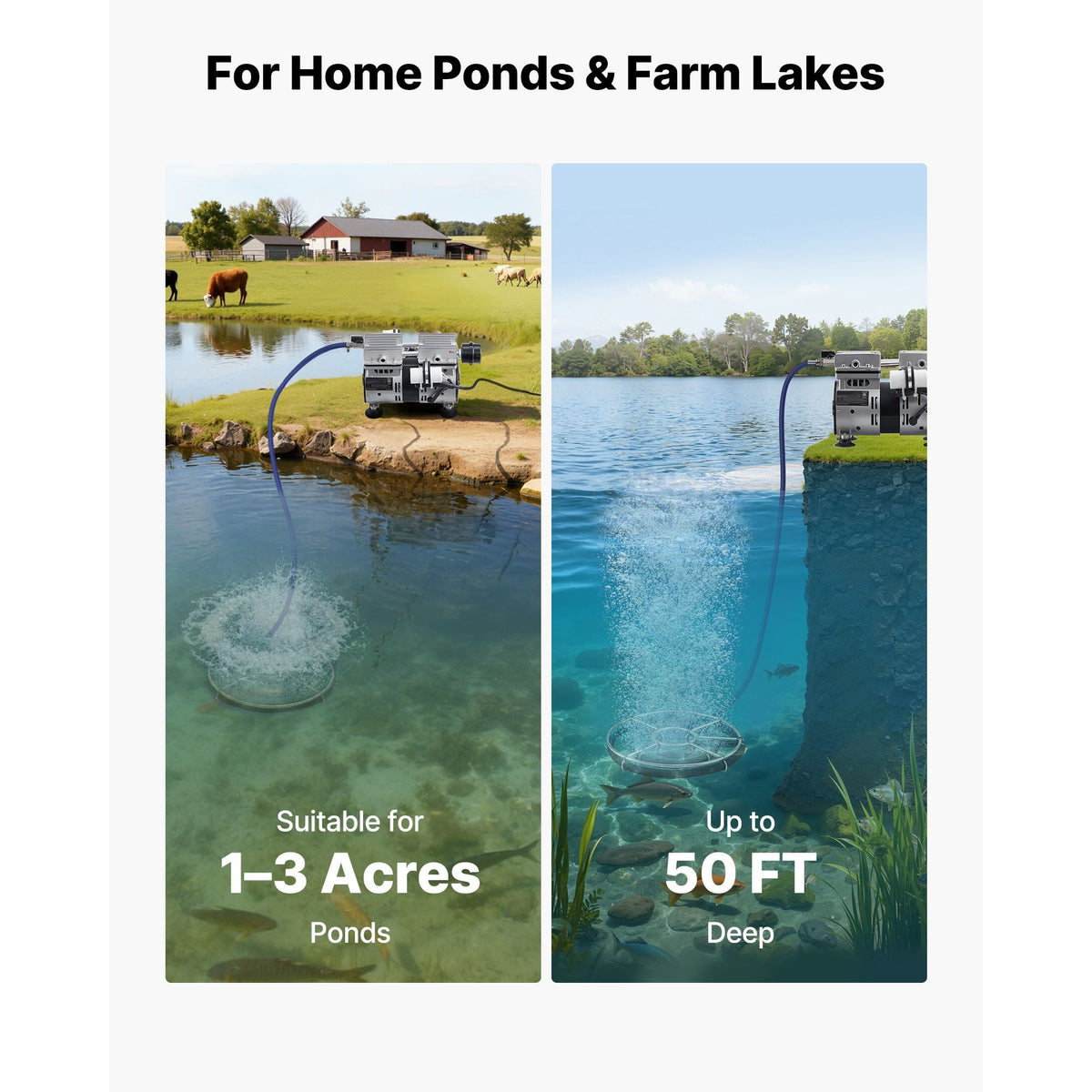 Pond Aerators, 5.2CFM Aeration System for Lake up to 3 Acres, 3/4 HP Air Compressor, 1 Diffuser & 100' Weighted Tubings, Aeration Pump for Outdoor Ponds & Lakes Deep Water Oxygen Circulation