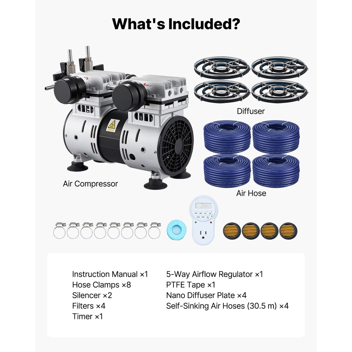 Pond Aerators, 6.7CFM Aeration System for Lakes up to 3 Acres, 1 HP Air Compressor, 4 Diffusers & Four 100' Weighted Tubing, Outdoor Pond Aeration Pump for Deep Water Oxygen Circulation