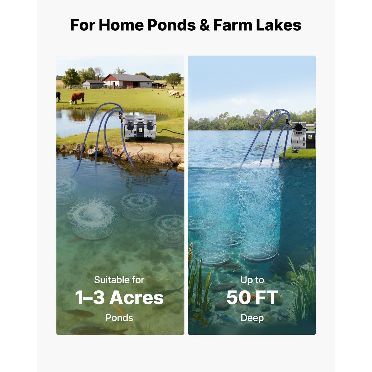 Pond Aerators, 6.7CFM Aeration System for Lakes up to 3 Acres, 1 HP Air Compressor, 4 Diffusers & Four 100' Weighted Tubing, Outdoor Pond Aeration Pump for Deep Water Oxygen Circulation