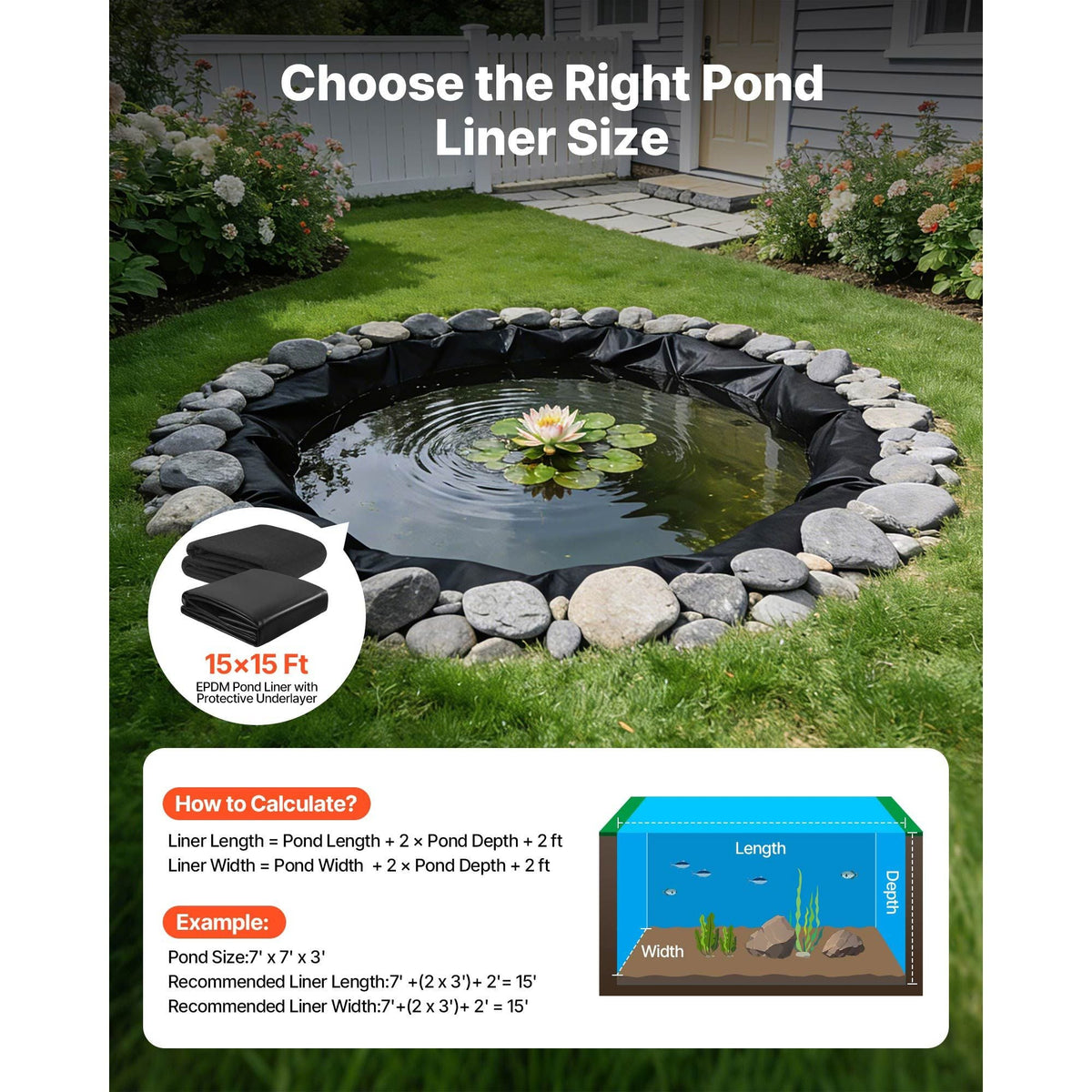 Pond Liner 15 x 15 ft, 45 Mil, EPDM Rubber Fish Koi Pond Liner and Underlayment Combo, Easy to Cut, Durable & Leakproof, for Outdoor Ponds, Water Garden, Waterfall, Fishpond, Fountains, Black