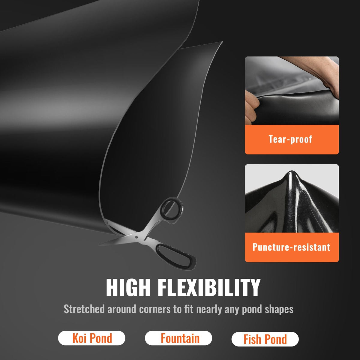 Pond Liner, 15 x 20 ft 45 Mil Thickness, Pliable EPDM Material Pond Skins, Easy Cutting Underlayment for Fish or Koi Ponds, Water Features, Waterfall Base, Fountains, Water Gardens, Black